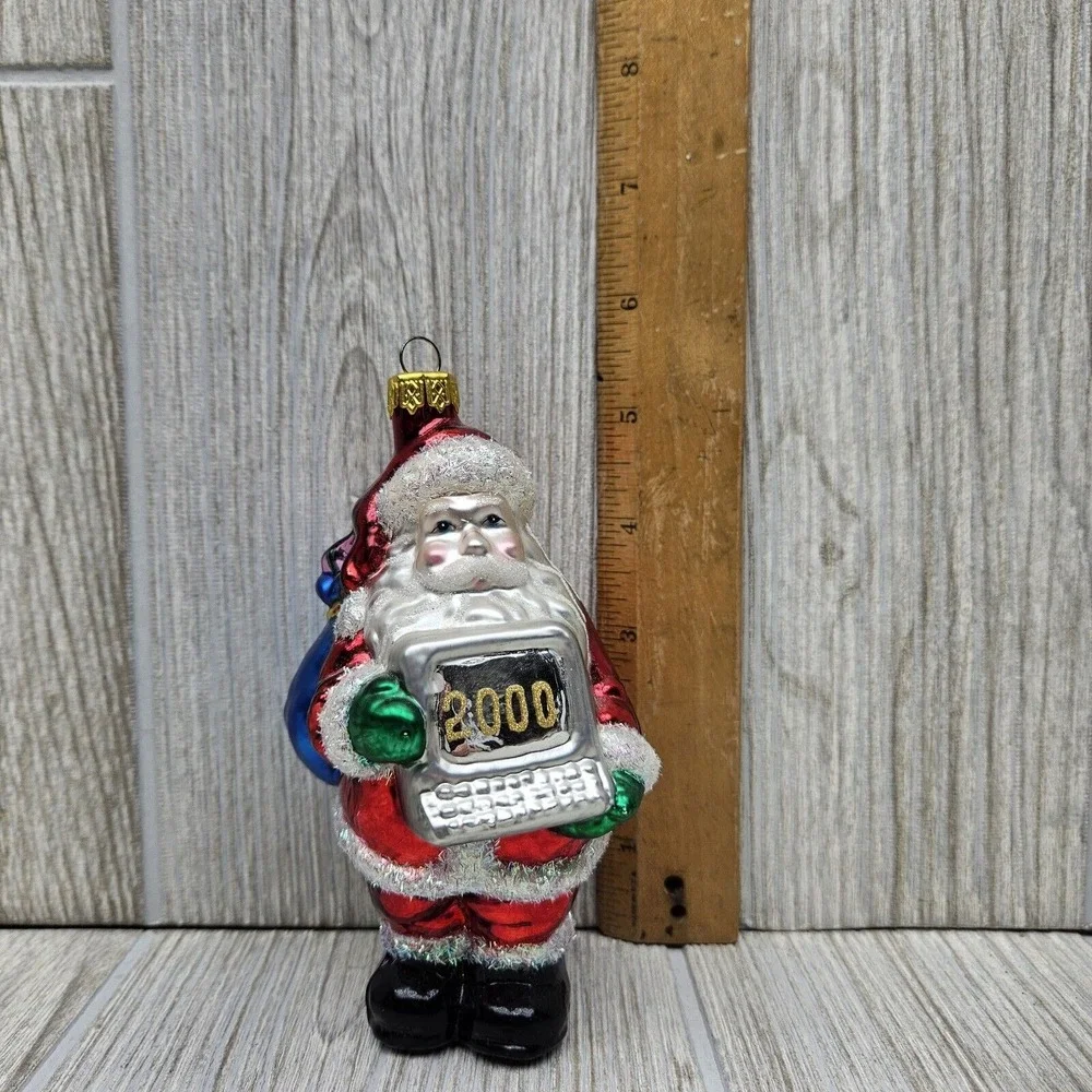 Slavic Treasures‎ 2000 Santa With Computer Glass Ornament Glitter Detail Y2K